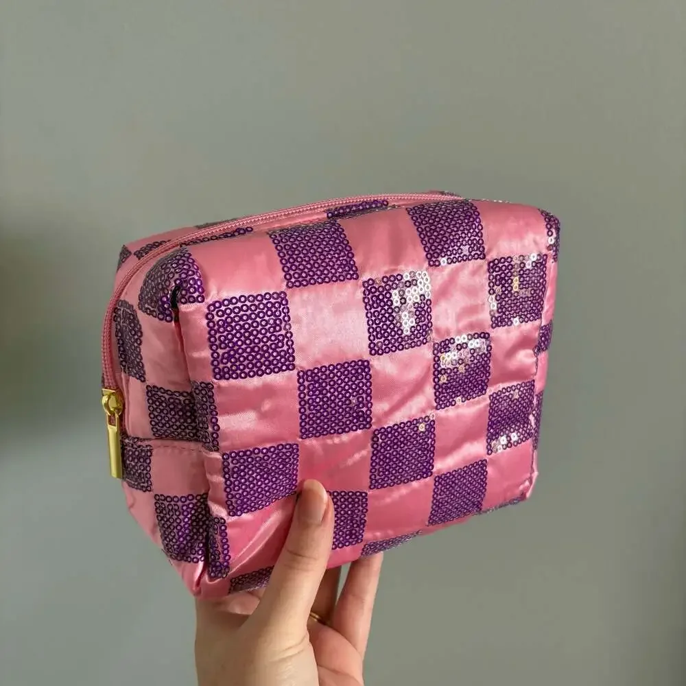 Pink and Purple Checkered Sequin Makeup Bag